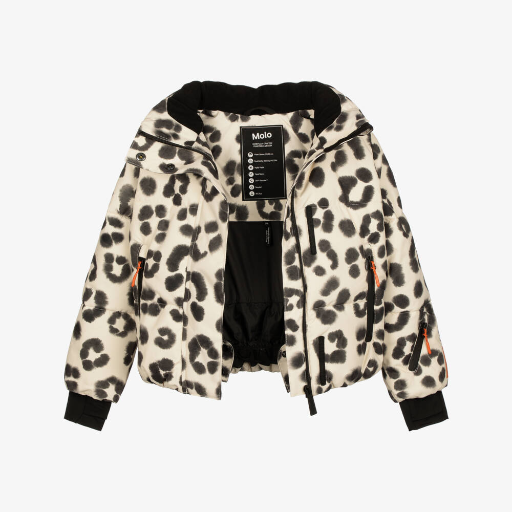 Molo-Girls Beige Leopard Print Puffer Technical Ski Jacket | Childrensalon