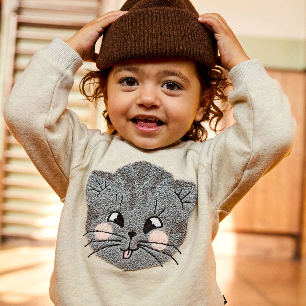 Molo-Girls Beige Melange Cat Sweatshirt | Childrensalon