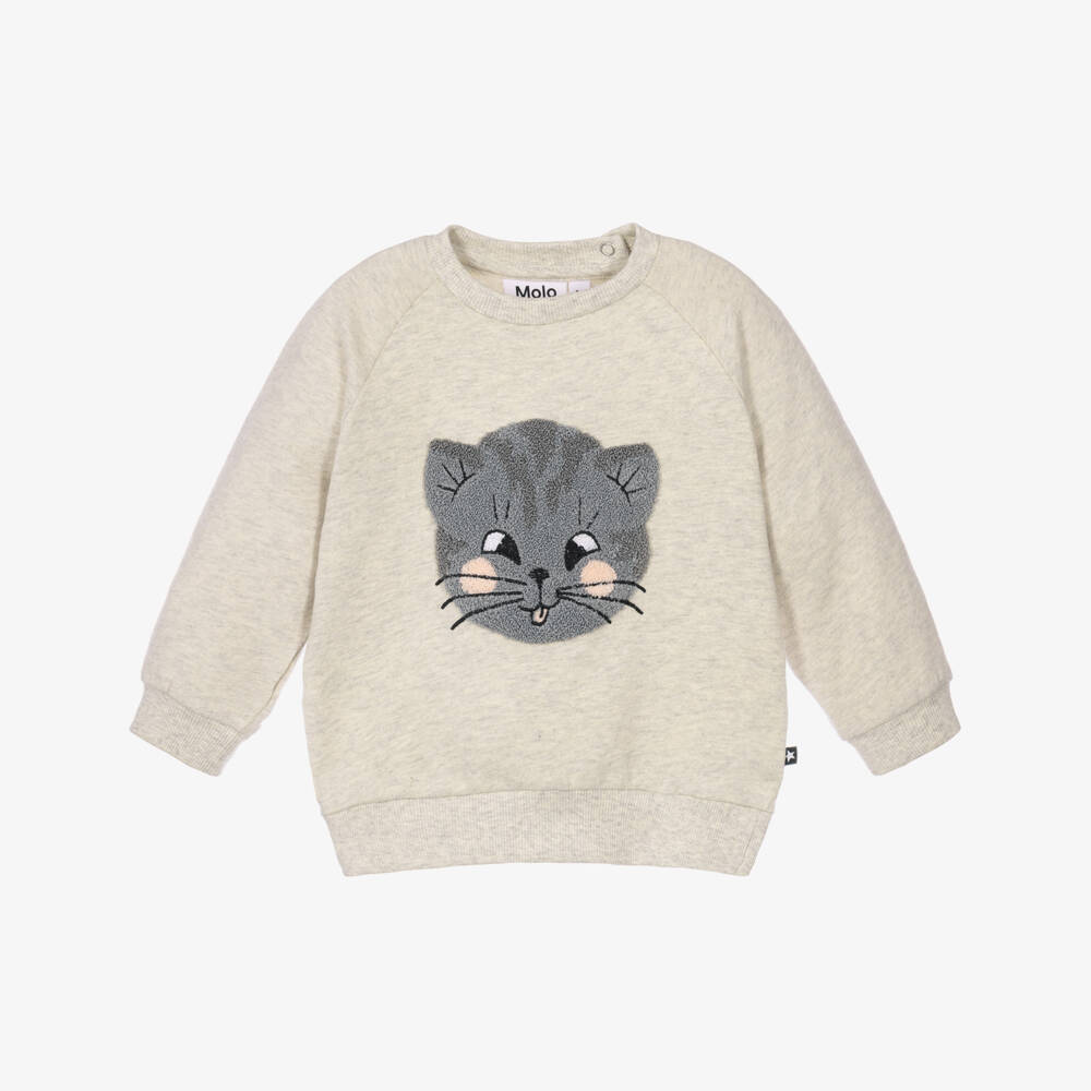 Molo-Girls Beige Melange Cat Sweatshirt | Childrensalon