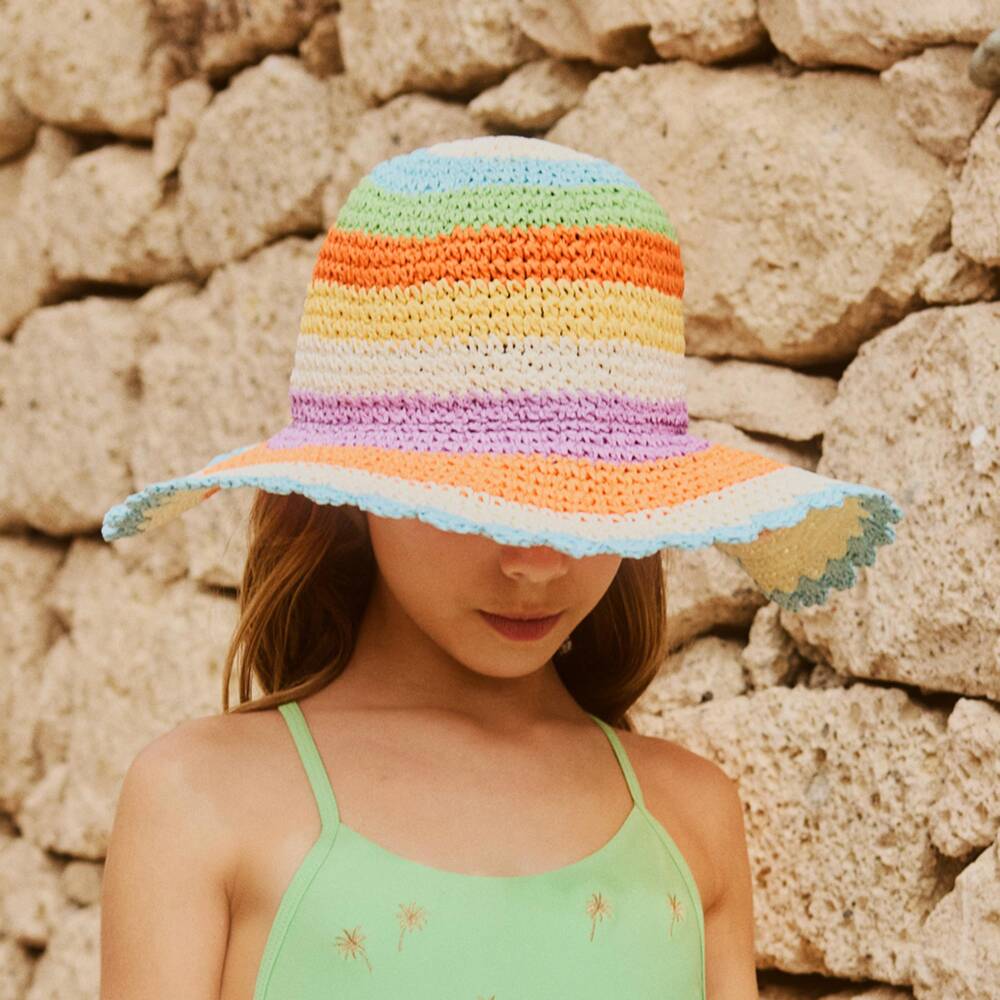 Molo-Girls Beige & Orange Stripe Straw Hat | Childrensalon