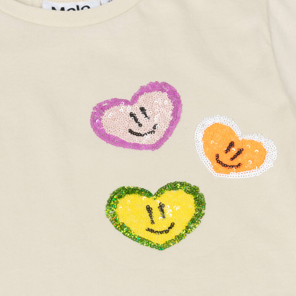 Molo-Girls Beige Organic Cotton T-Shirt with Sequinned Hearts | Childrensalon