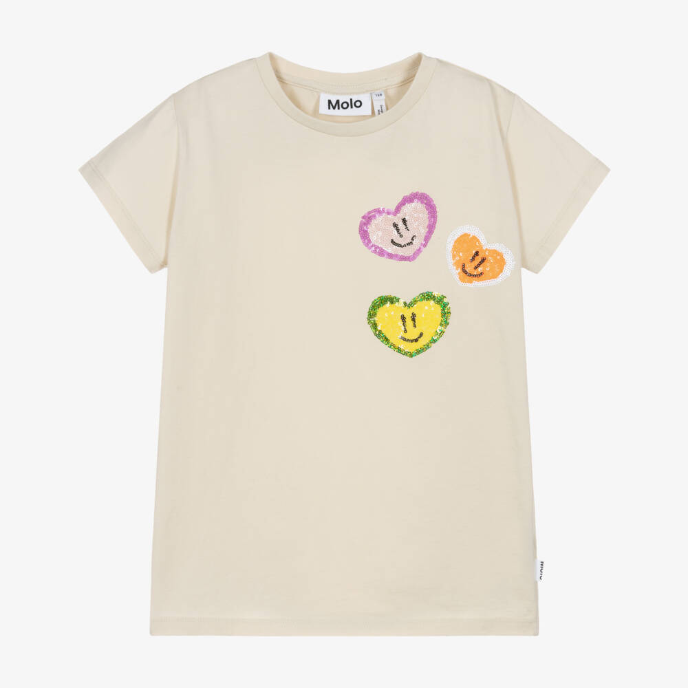 Molo-Girls Beige Organic Cotton T-Shirt with Sequinned Hearts | Childrensalon