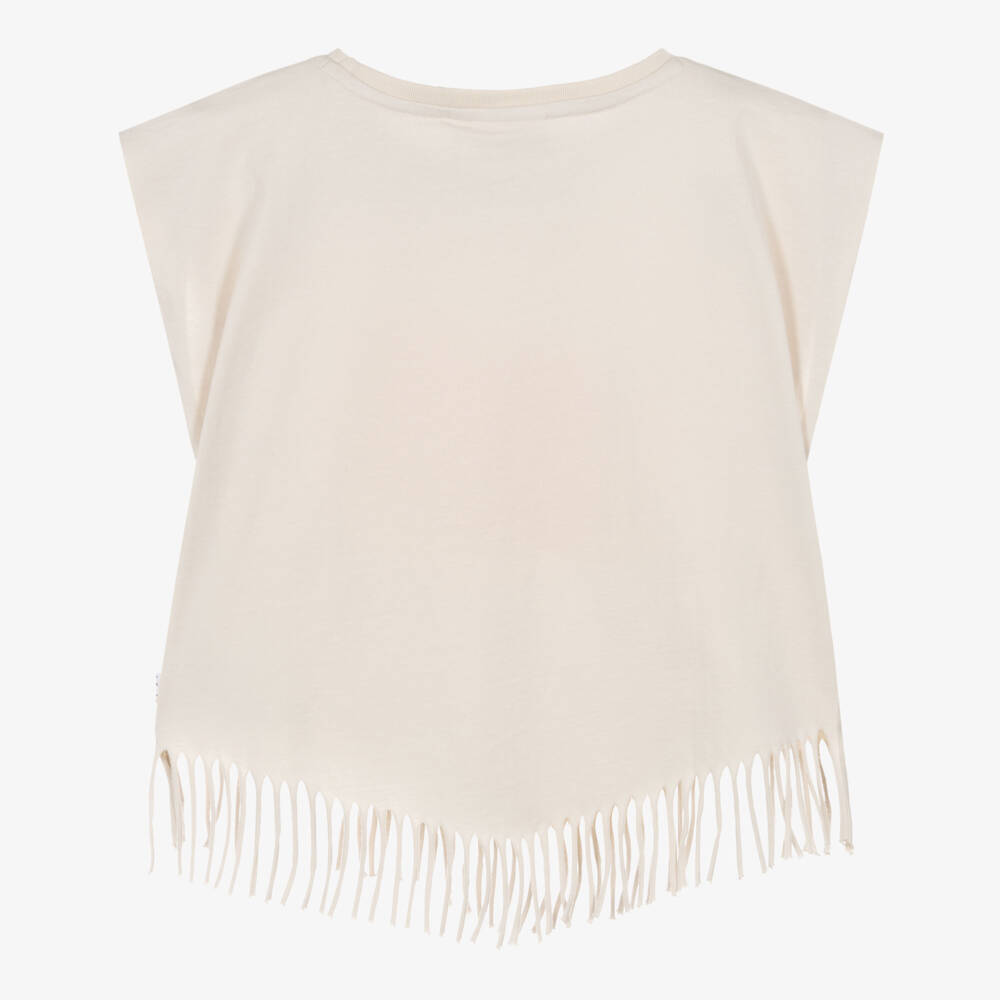Molo-Girls Beige Palm Tree Sleeveless Top with Fringed Hem | Childrensalon