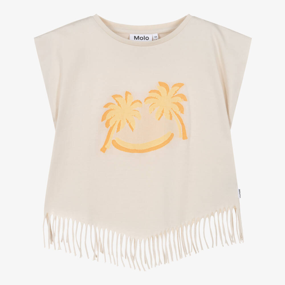 Molo-Girls Beige Palm Tree Sleeveless Top with Fringed Hem | Childrensalon