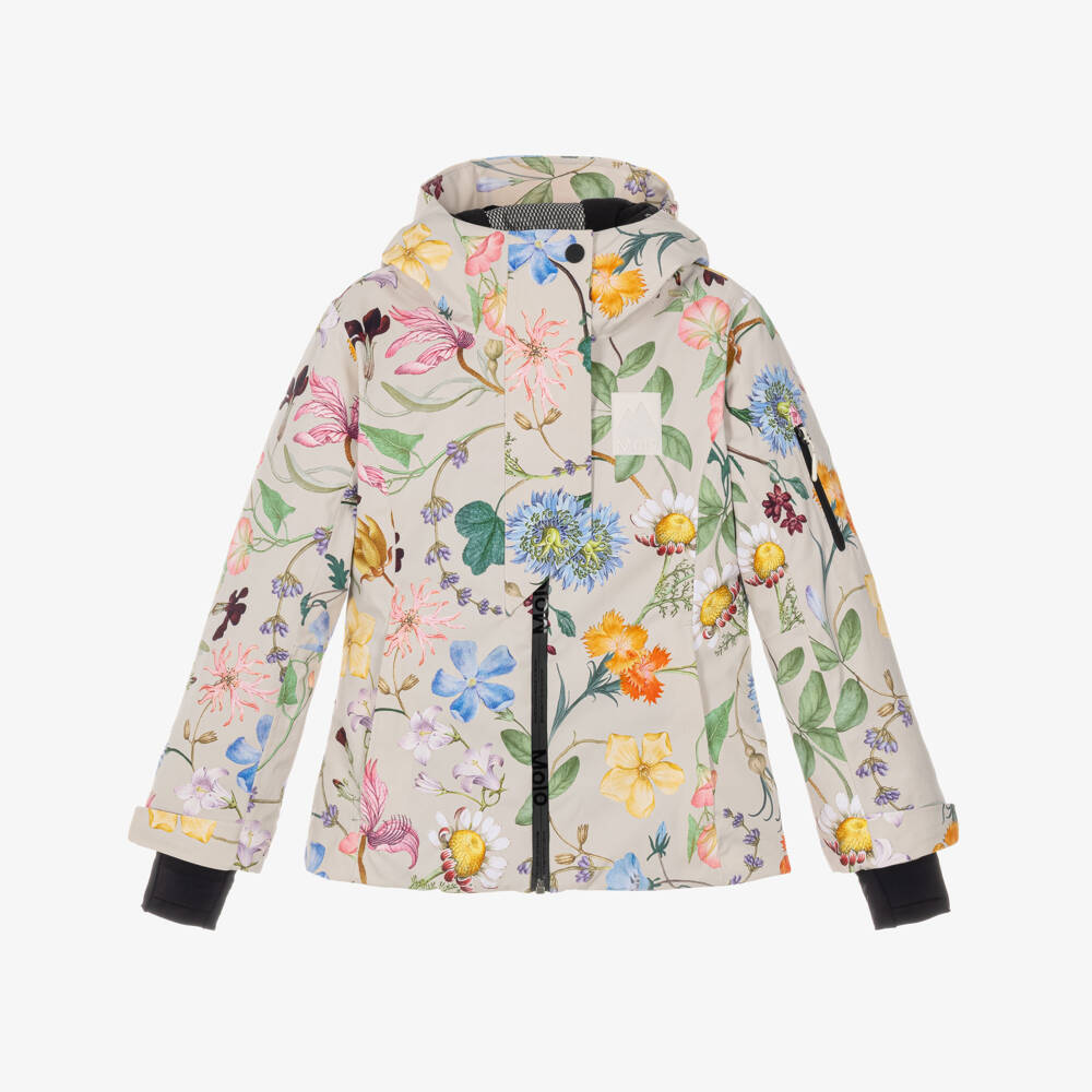 Molo-Girls Beige Wildflower Print Technical Ski Jacket  | Childrensalon