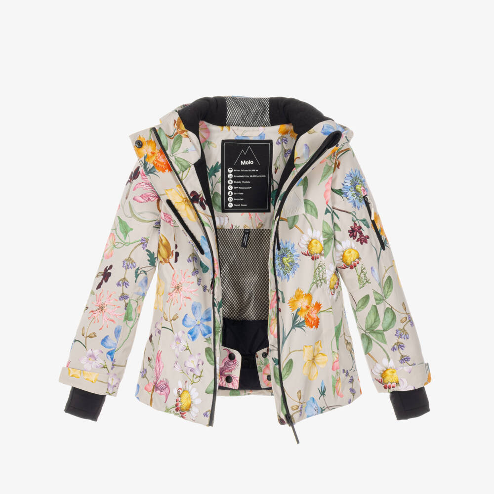 Molo-Girls Beige Wildflower Print Technical Ski Jacket | Childrensalon