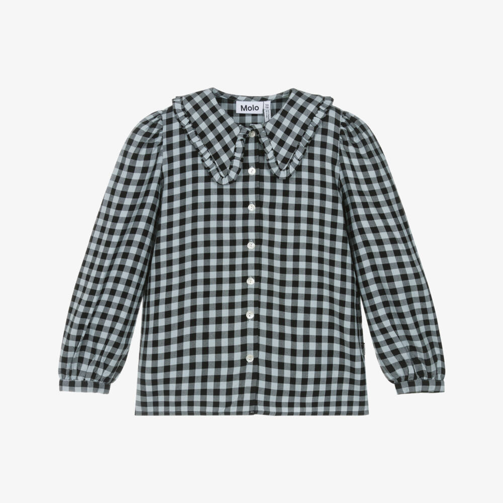 Molo-Girls Black & Blue Gingham Frilled Collar Blouse | Childrensalon