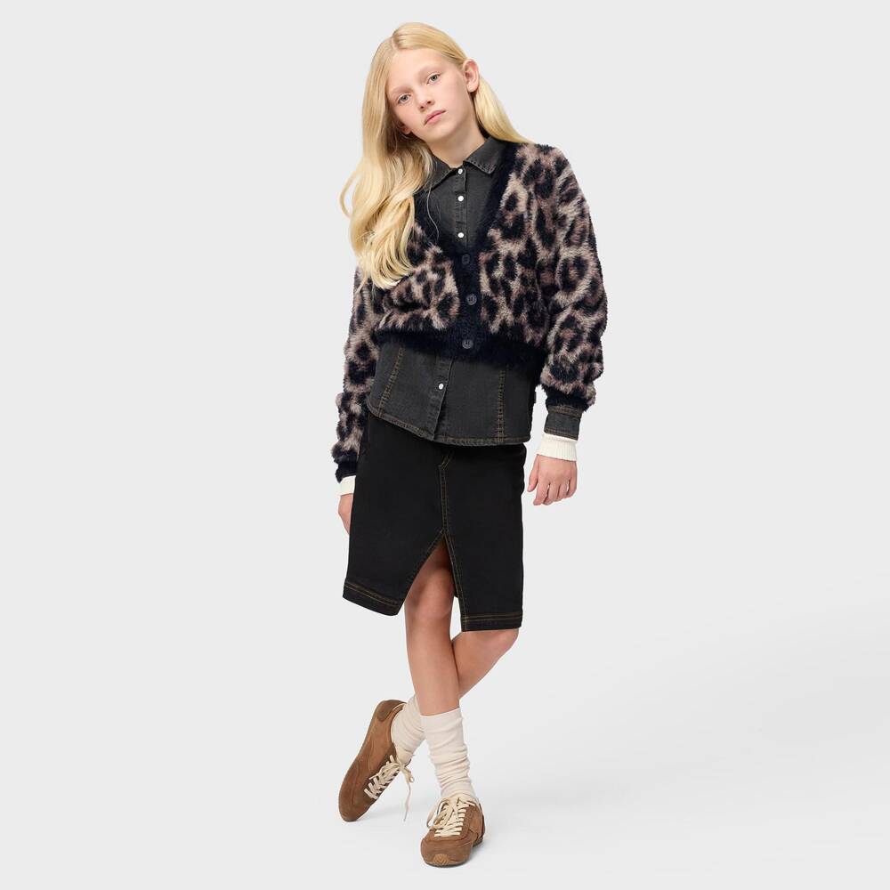 Molo-Girls Black & Brown Fluffy Leopard Print Cardigan | Childrensalon