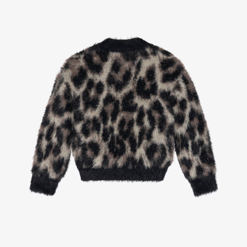 Molo-Girls Black & Brown Fluffy Leopard Print Cardigan | Childrensalon
