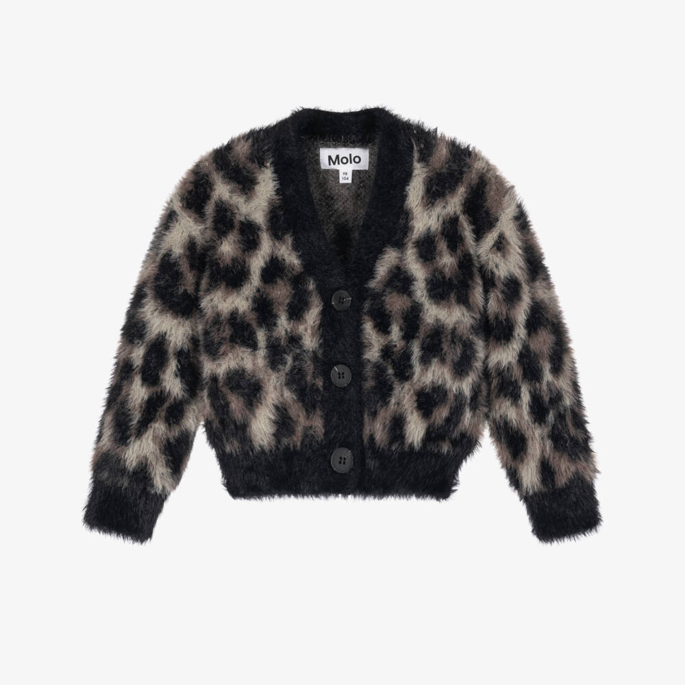 Molo-Girls Black & Brown Fluffy Leopard Print Cardigan | Childrensalon