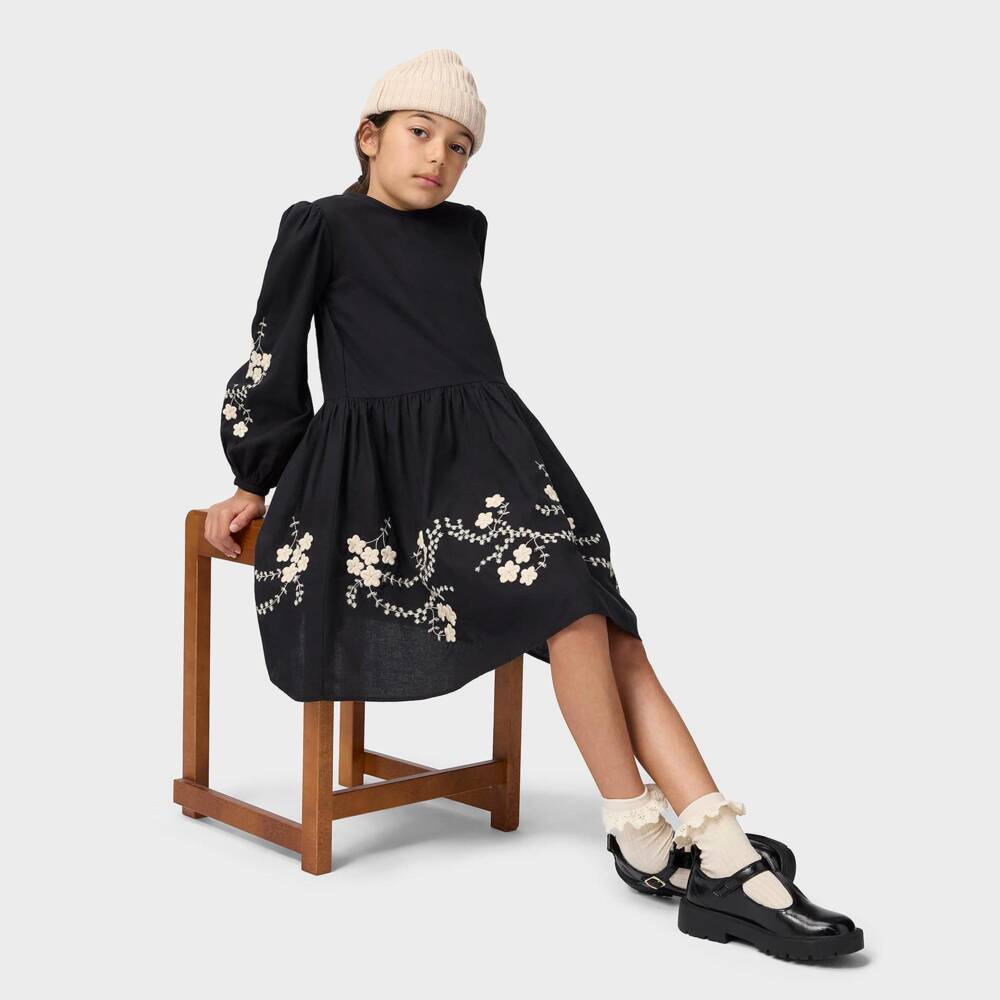Molo-Girls Black Cotton Dress with Embroidered Ivory Flowers | Childrensalon