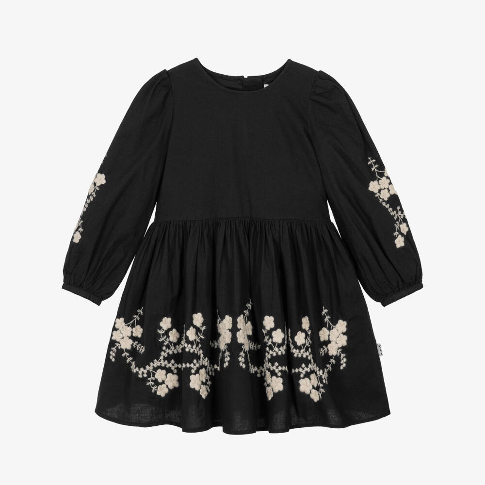 Molo-Girls Black Cotton Dress with Embroidered Ivory Flowers | Childrensalon