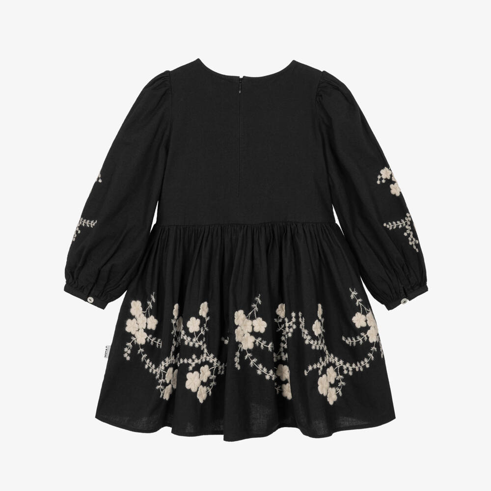 Molo-Girls Black Cotton Dress with Embroidered Ivory Flowers | Childrensalon