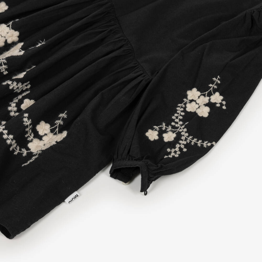 Molo-Girls Black Cotton Dress with Embroidered Ivory Flowers | Childrensalon