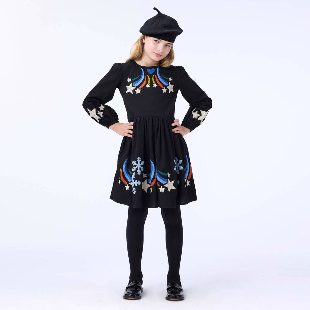 Molo-Girls Black Cotton Dress with Shooting Star Embroidery | Childrensalon