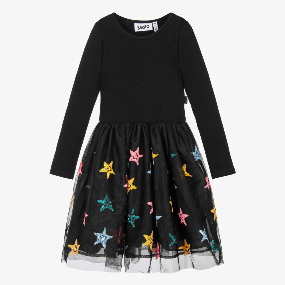 Molo-Girls Black Jersey & Tulle Dress with Sequin Stars | Childrensalon