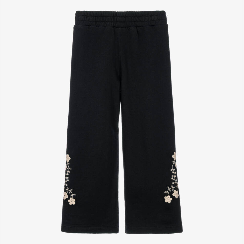 Molo-Girls Black Joggers with Embroidered Ivory Flowers | Childrensalon