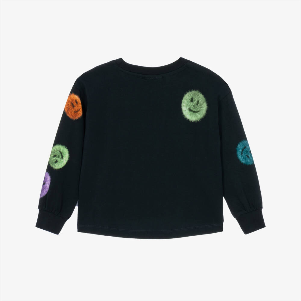 Molo-Girls Black Long-Sleeved Top with Fluffy Face Prints | Childrensalon