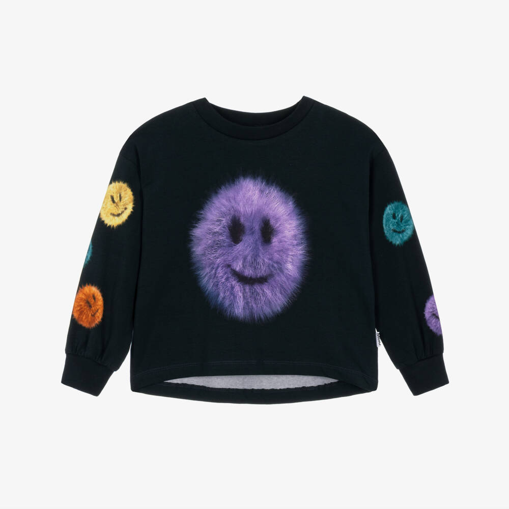 Molo-Girls Black Long-Sleeved Top with Fluffy Face Prints | Childrensalon
