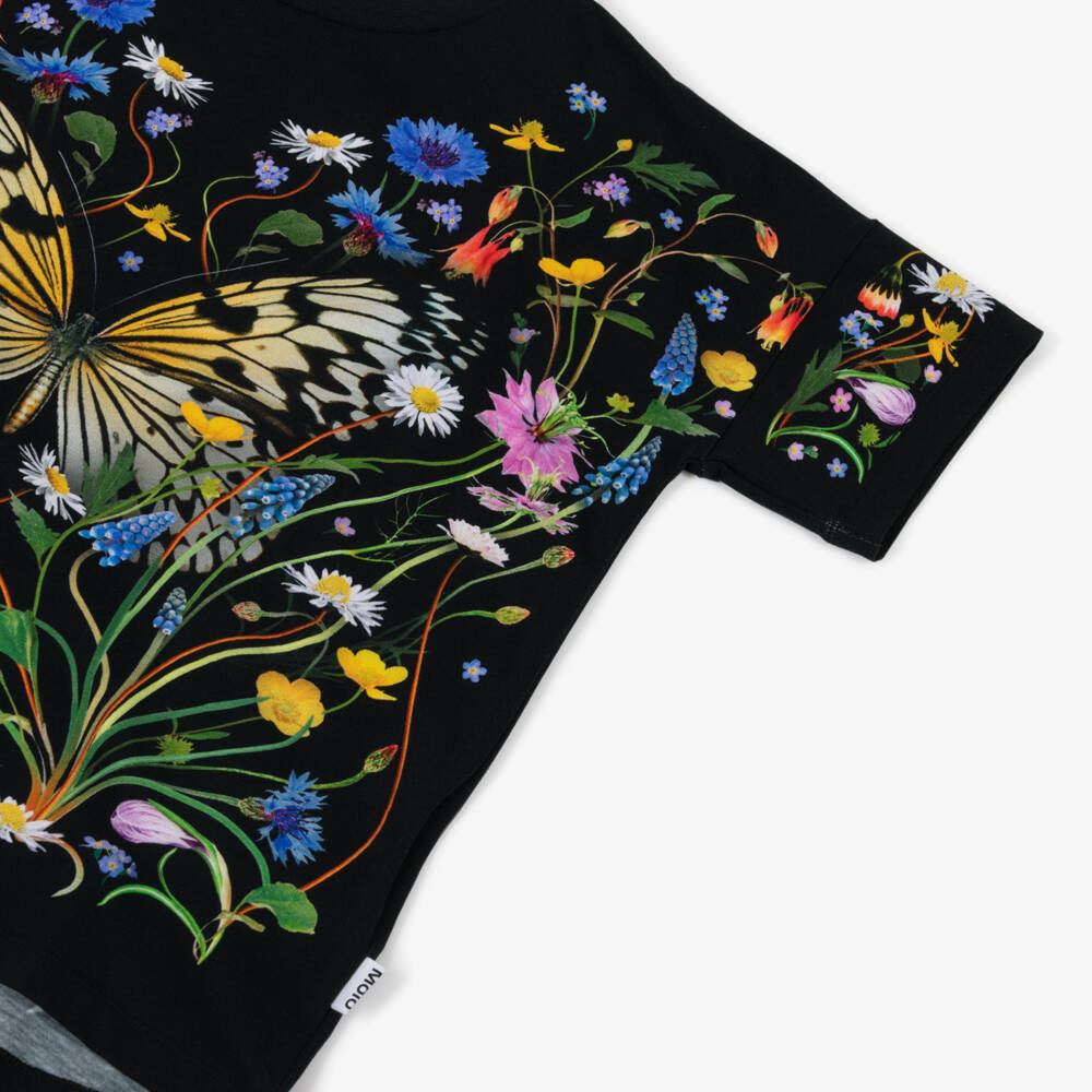 Molo-Girls Black Organic Cotton Butterfly T-Shirt with Meadow Flowers | Childrensalon