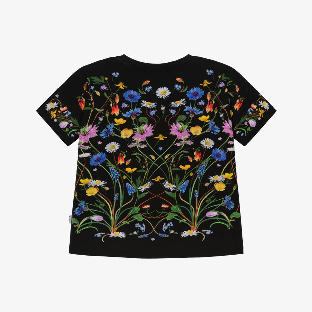 Molo-Girls Black Organic Cotton Butterfly T-Shirt with Meadow Flowers | Childrensalon