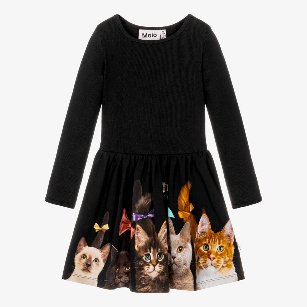 Molo-Girls Black Organic Cotton Jersey Dress with Cat Prints | Childrensalon