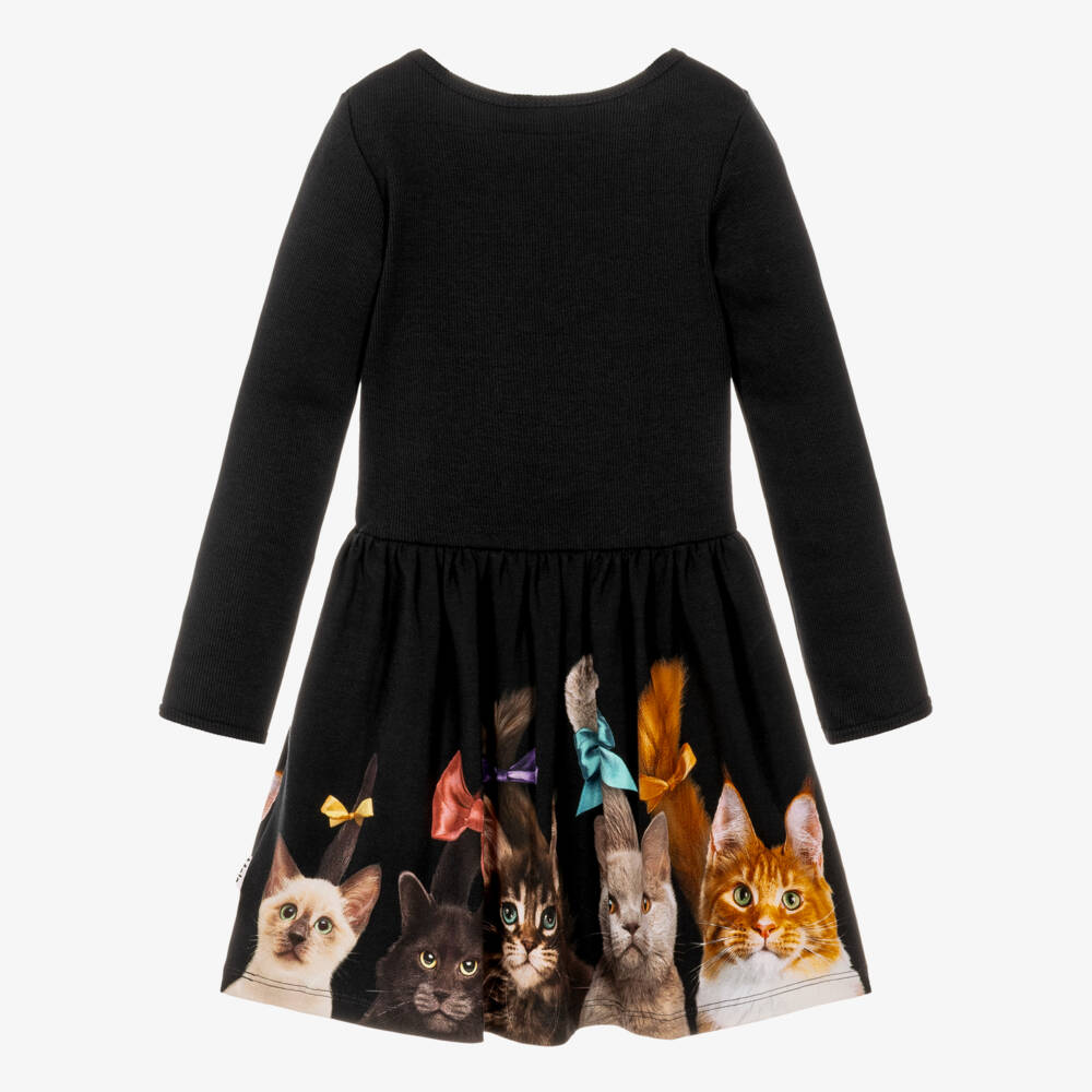 Molo-Girls Black Organic Cotton Jersey Dress with Cat Prints | Childrensalon