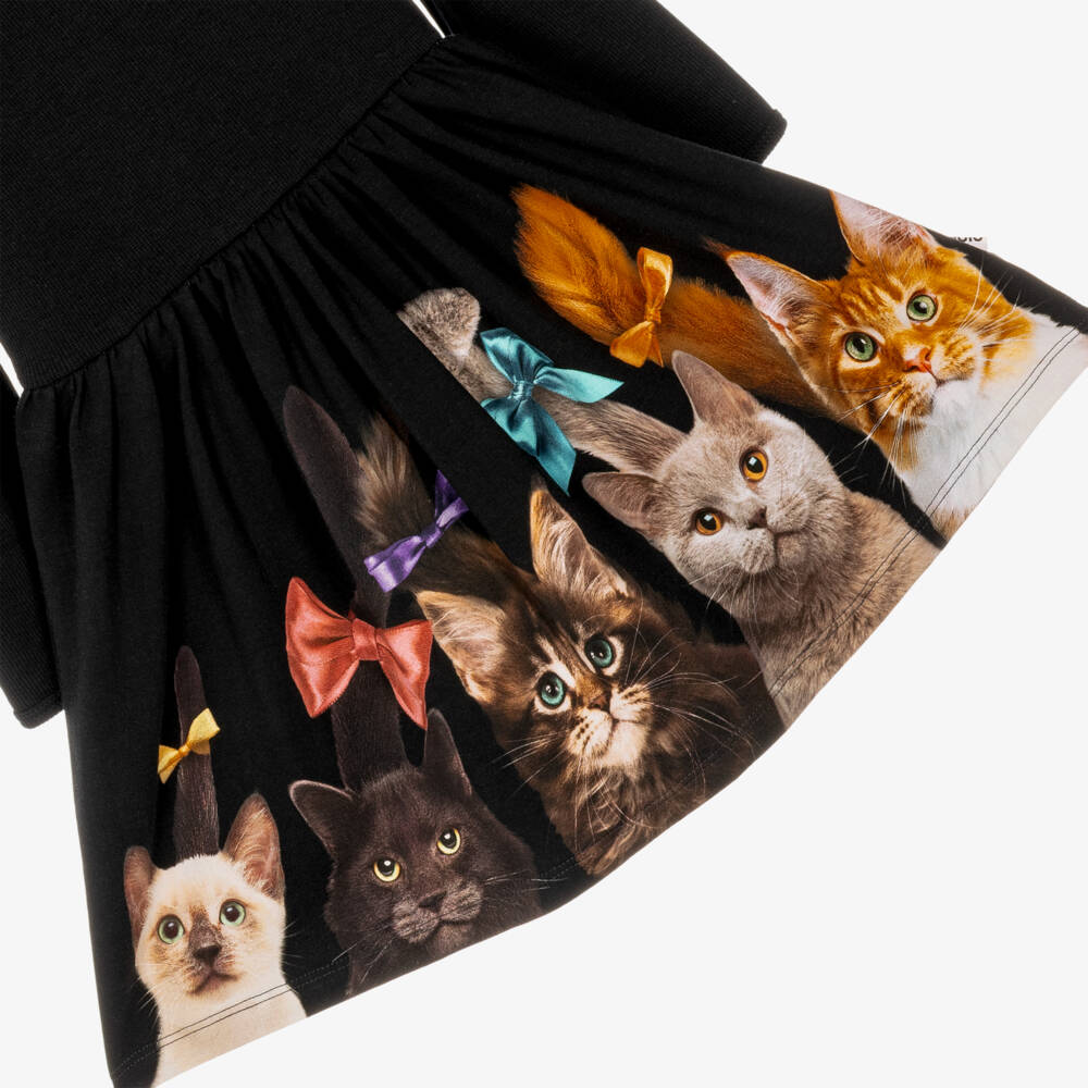 Molo-Girls Black Organic Cotton Jersey Dress with Cat Prints | Childrensalon