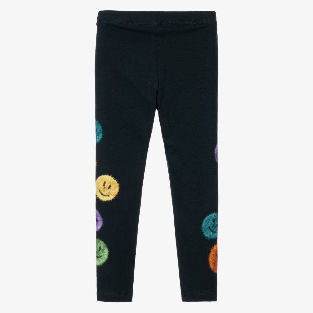 Molo-Girls Black Organic Cotton Leggings with Fluffy Face Prints | Childrensalon