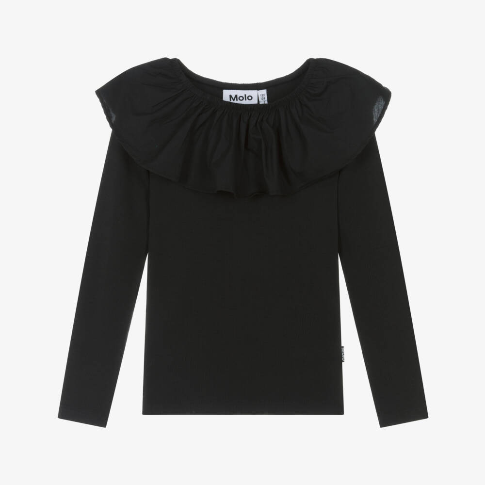 Molo-Girls Black Organic Cotton Ruffle Collar Top | Childrensalon