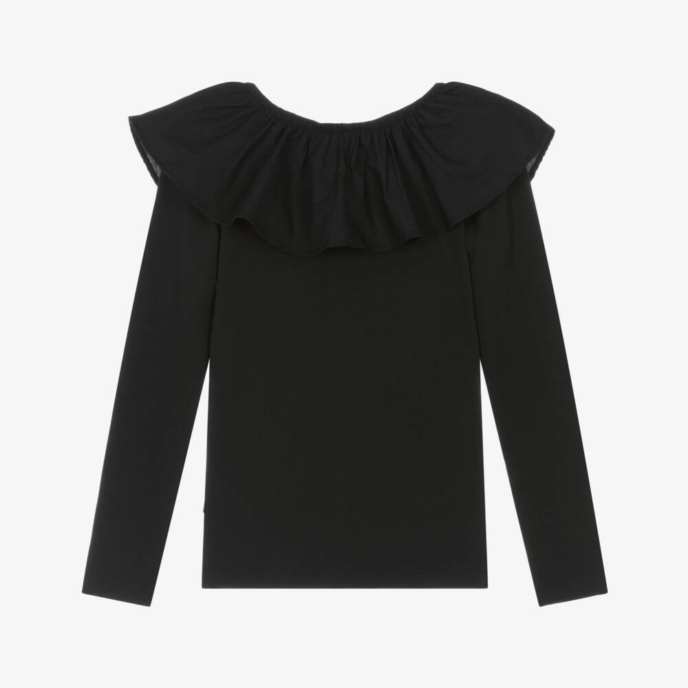 Molo-Girls Black Organic Cotton Ruffle Collar Top | Childrensalon