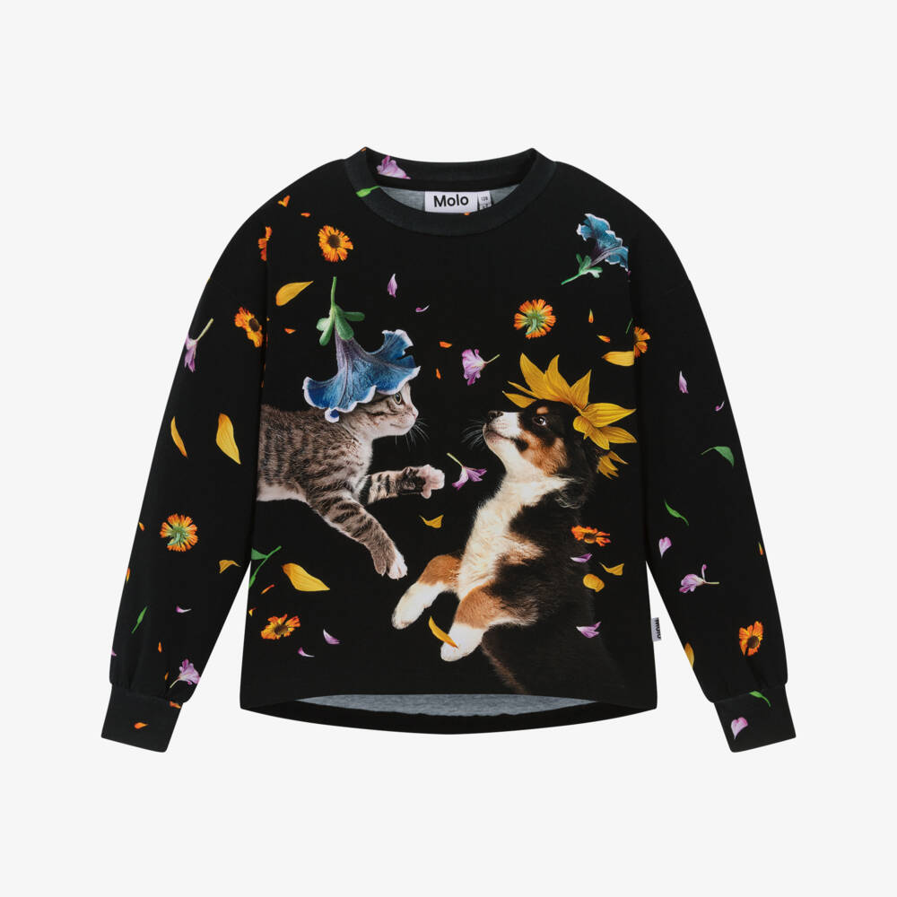 Molo-Girls Black Organic Cotton Top with Floral Animal Print | Childrensalon