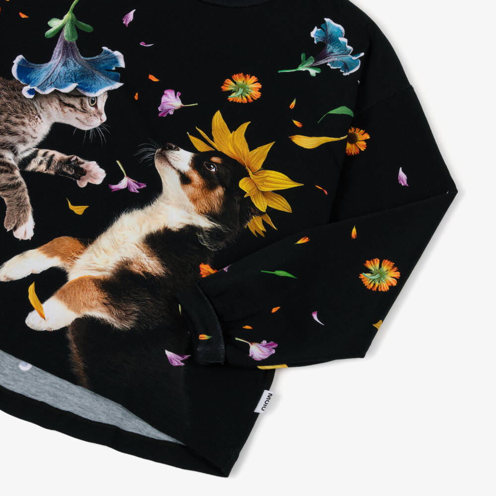 Molo-Girls Black Organic Cotton Top with Floral Animal Print | Childrensalon