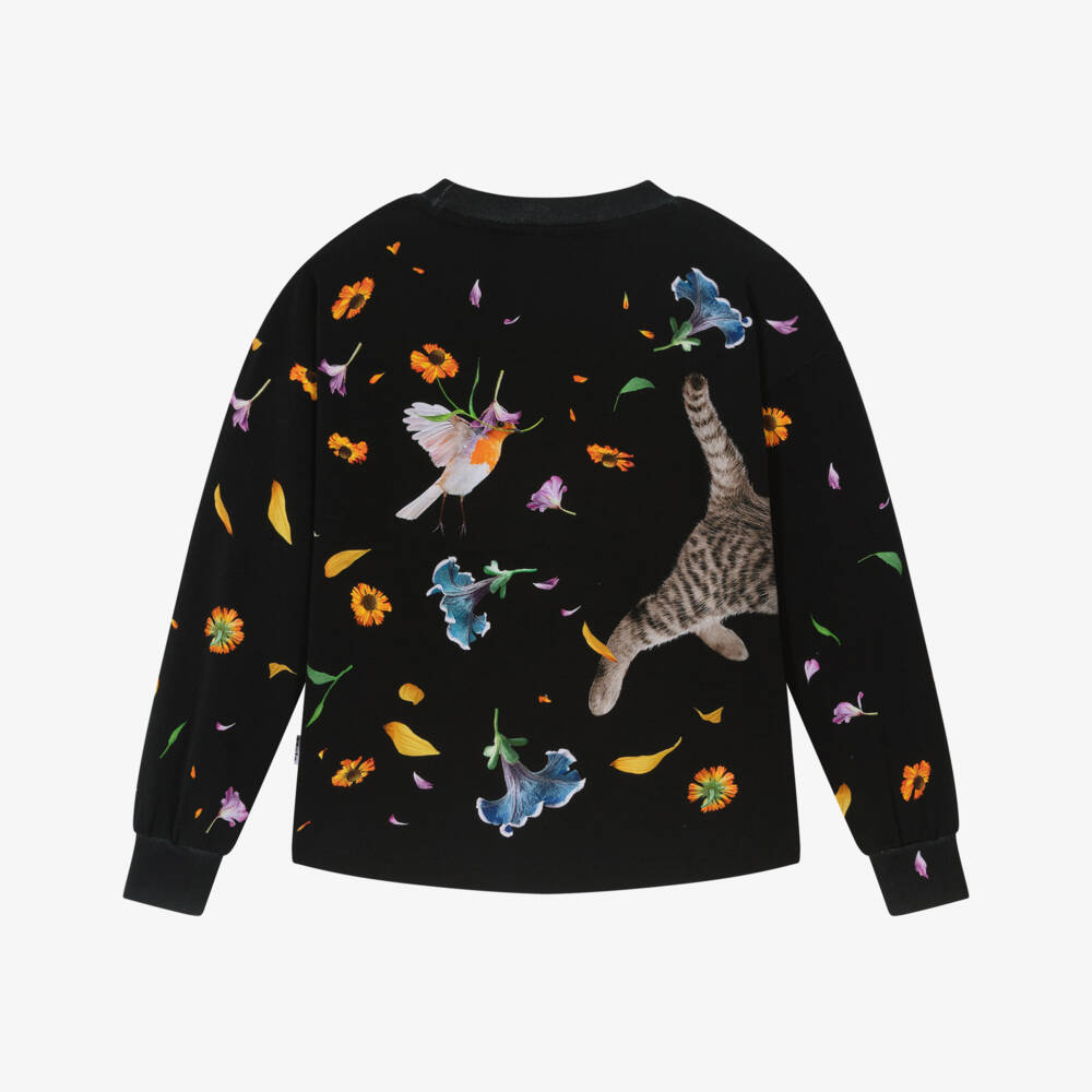 Molo-Girls Black Organic Cotton Top with Floral Animal Print | Childrensalon