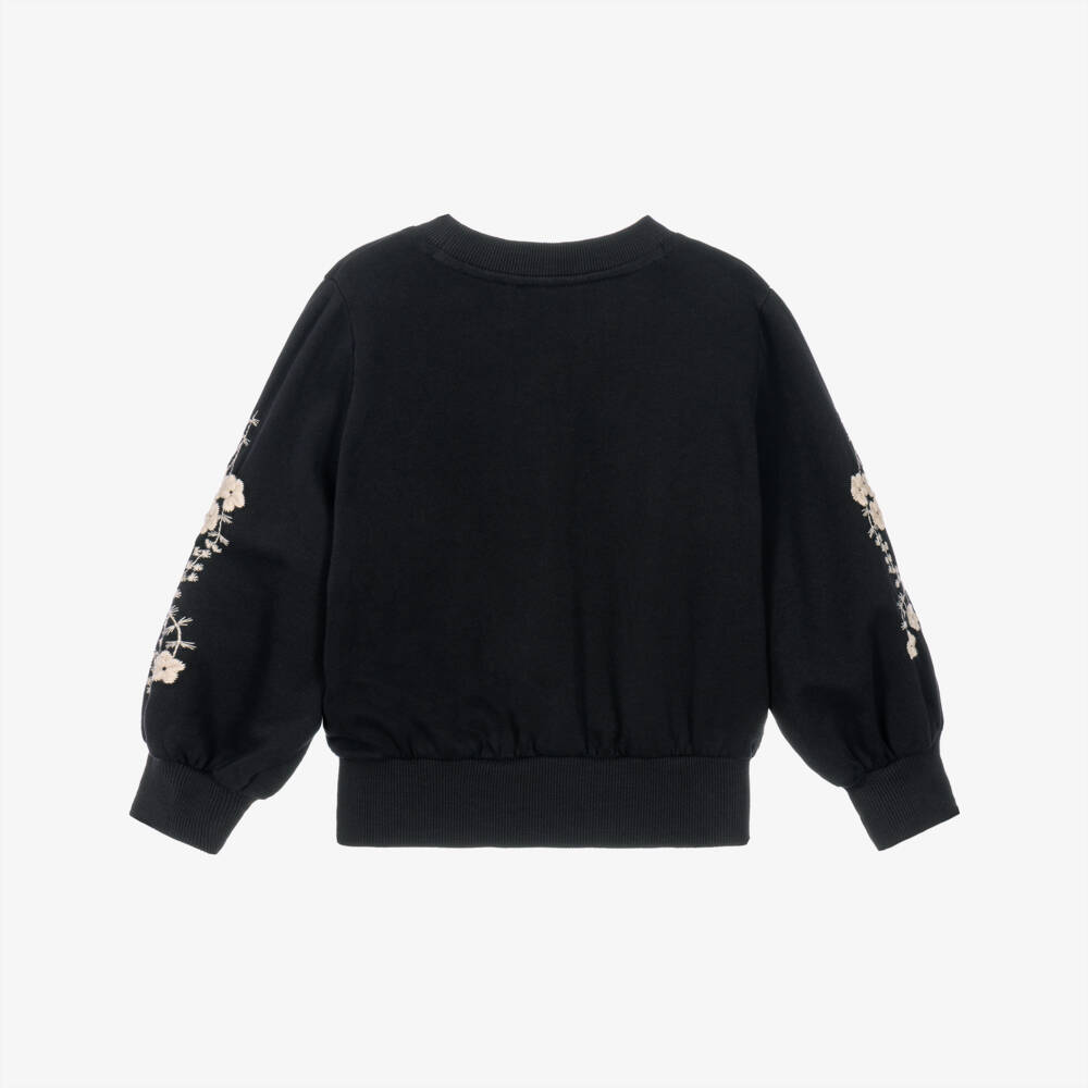 Molo-Girls Black Sweatshirt with Embroidered Ivory Flowers | Childrensalon