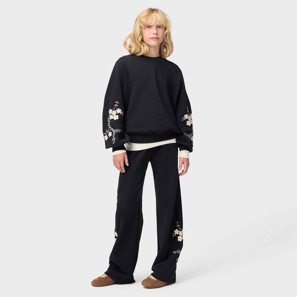 Molo-Girls Black Sweatshirt with Embroidered Ivory Flowers | Childrensalon