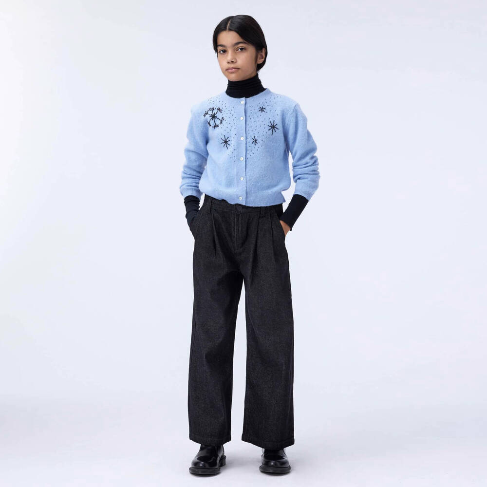 Molo-Girls Blue Beaded Snowflake Wool Knit Cardigan | Childrensalon