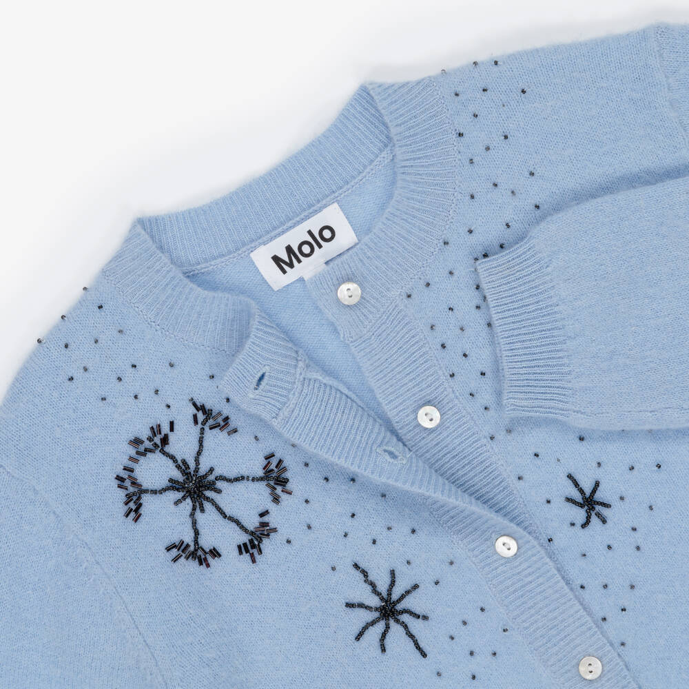 Molo-Girls Blue Beaded Snowflake Wool Knit Cardigan | Childrensalon