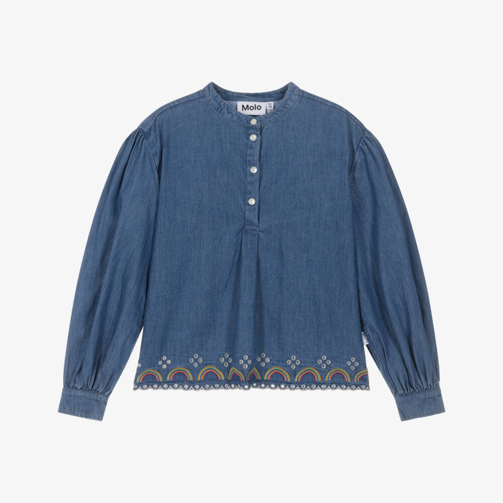 Molo-Girls Blue Chambray Blouse with Rainbow Embroidery | Childrensalon