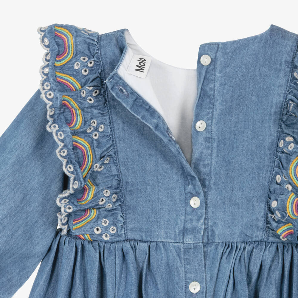 Molo-Платье синее из шамбре с радужной оборкой для девочек | Childrensalon