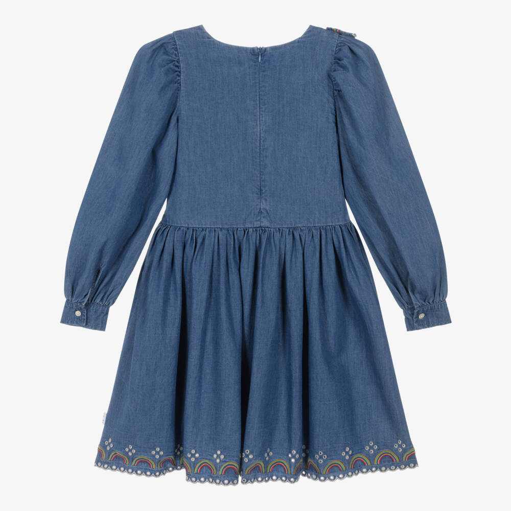 Molo-Girls Blue Chambray Ruffle Dress with Rainbow Embroidery | Childrensalon
