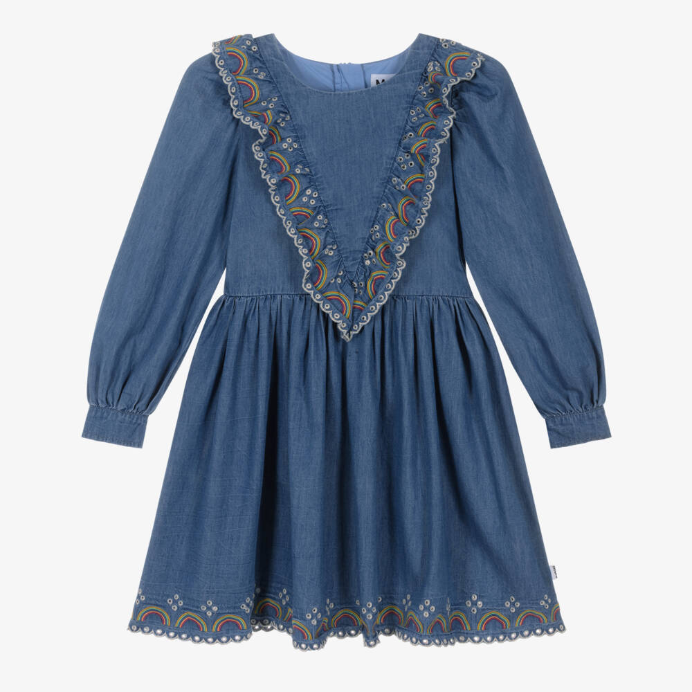 Molo-Girls Blue Chambray Ruffle Dress with Rainbow Embroidery | Childrensalon
