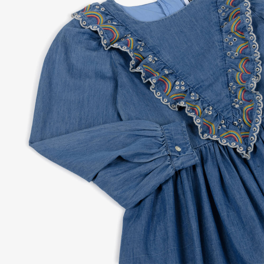 Molo-Girls Blue Chambray Ruffle Dress with Rainbow Embroidery | Childrensalon