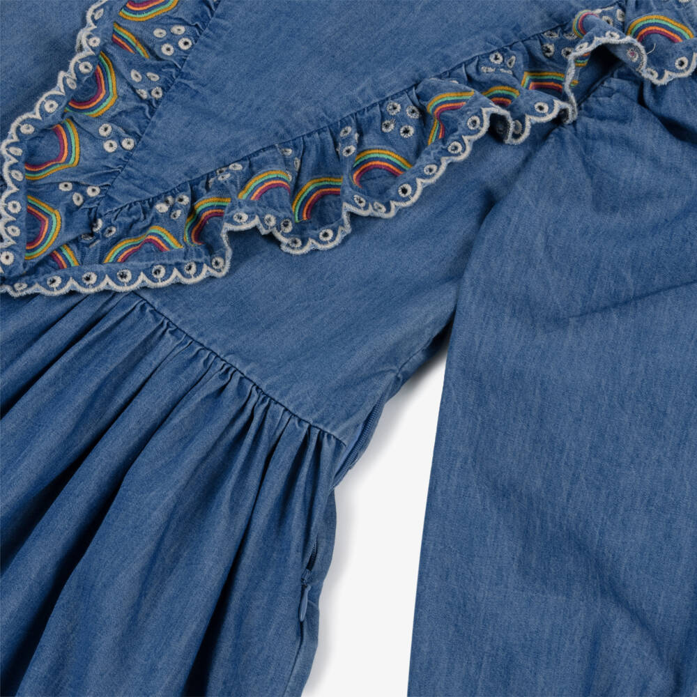 Molo-Girls Blue Chambray Ruffle Dress with Rainbow Embroidery | Childrensalon