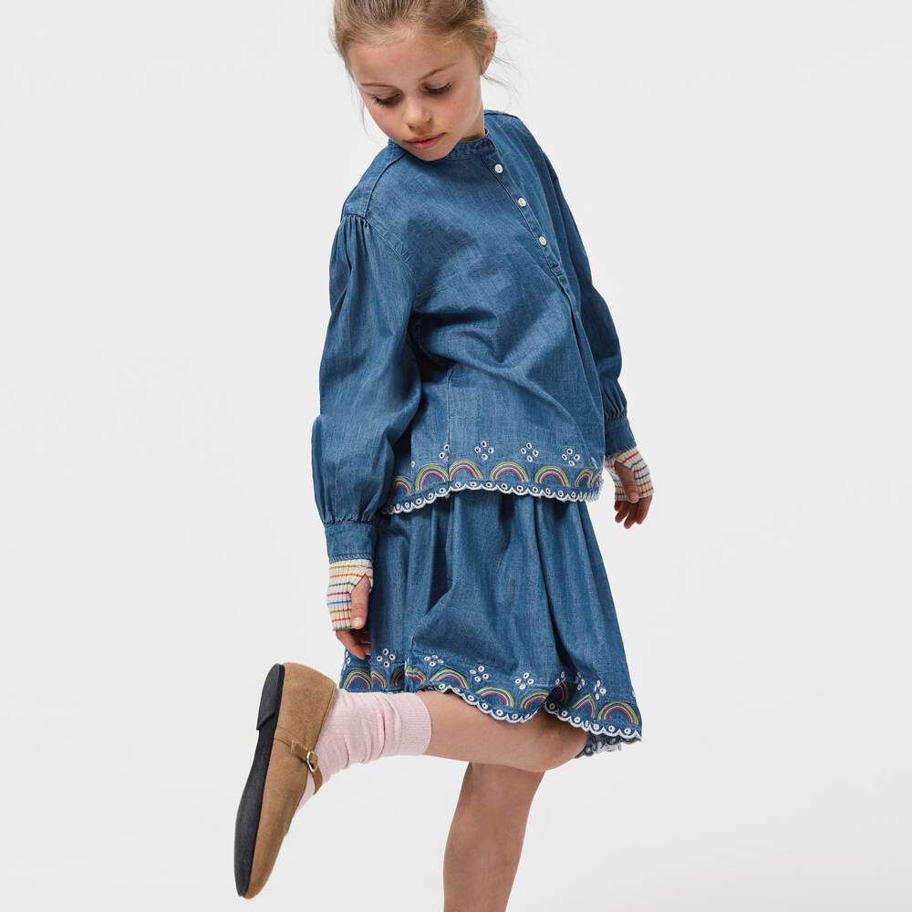 Molo-Girls Blue Chambray Skirt with Embroidered Rainbow Trims | Childrensalon