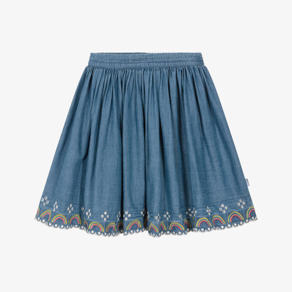 Molo-Girls Blue Chambray Skirt with Embroidered Rainbow Trims | Childrensalon