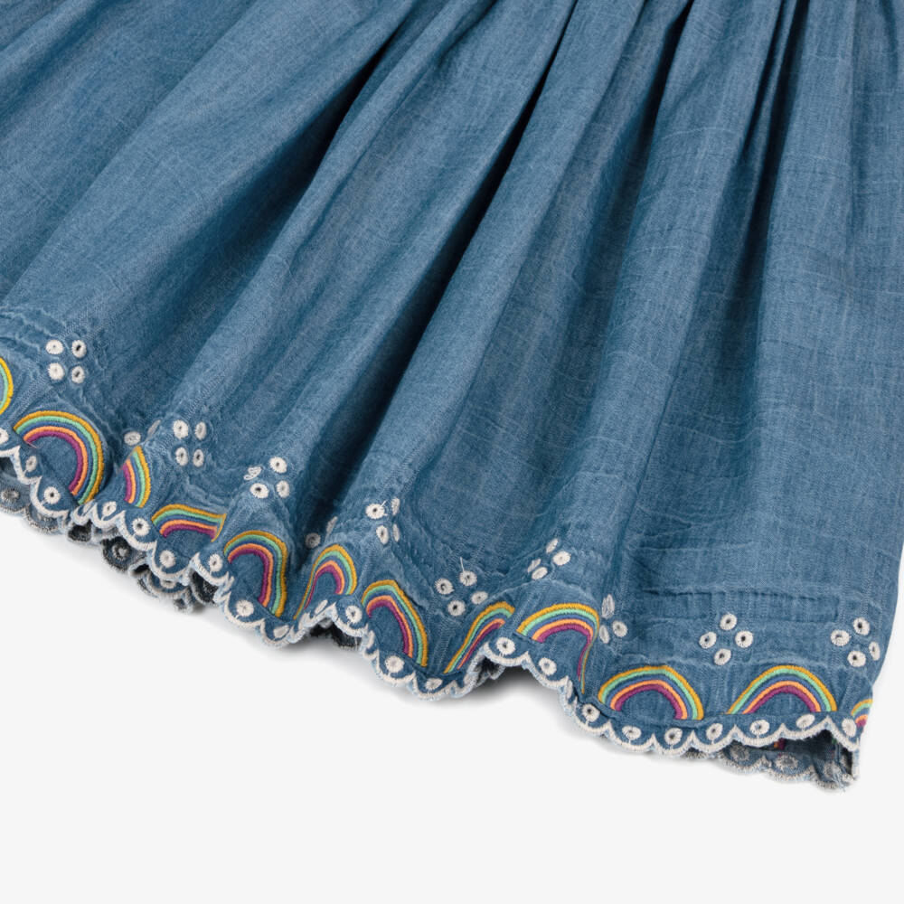 Molo-Girls Blue Chambray Skirt with Embroidered Rainbow Trims | Childrensalon