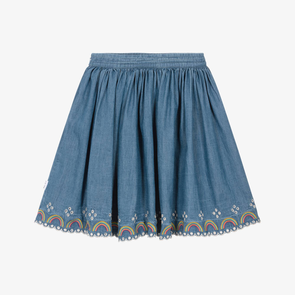 Molo-Girls Blue Chambray Skirt with Embroidered Rainbow Trims | Childrensalon