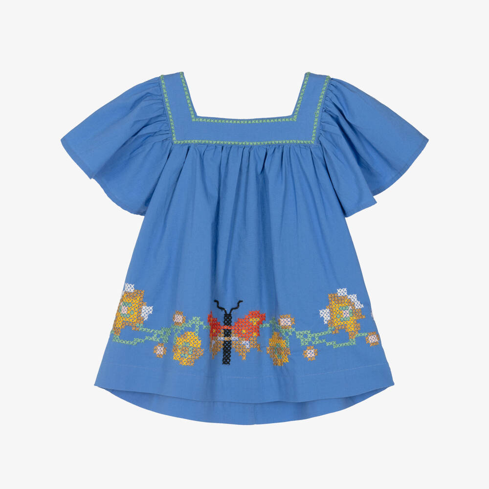 Molo-Girls Blue Cotton Cross Stitch Blouse with Butterflies & Flowers | Childrensalon