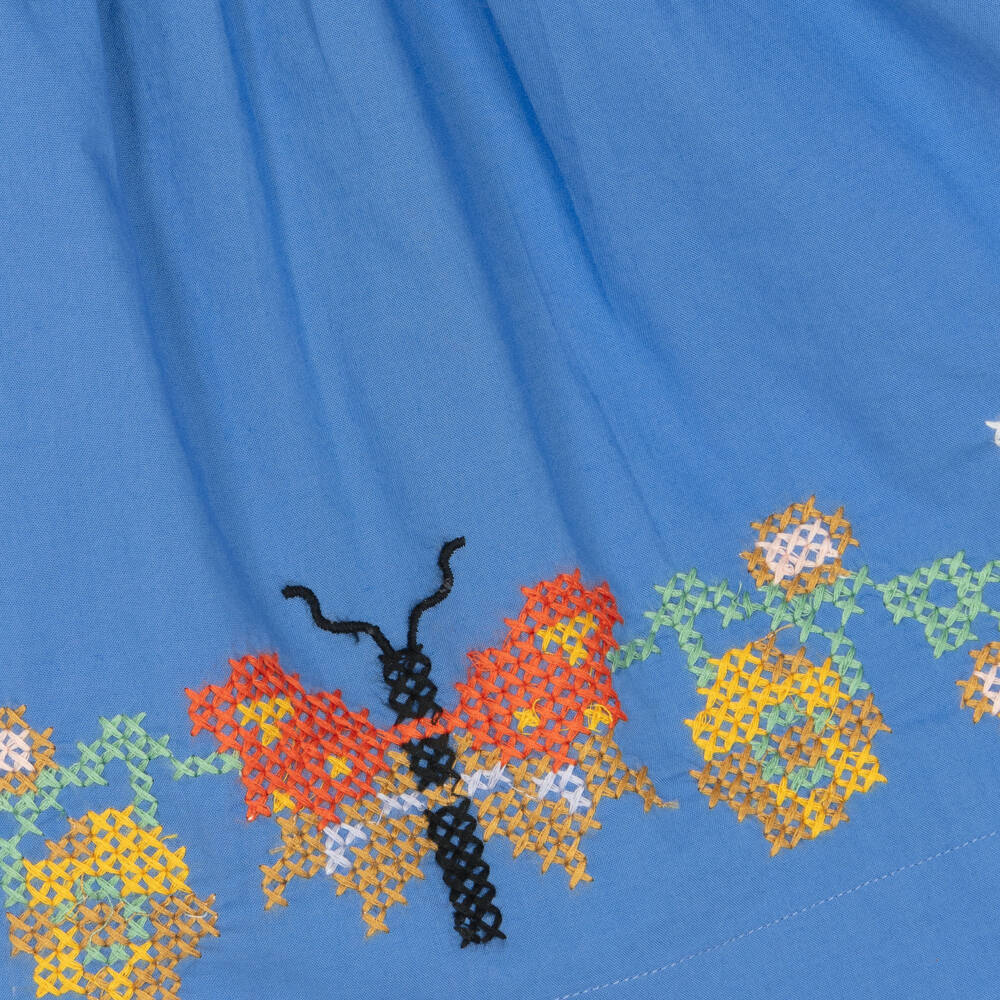 Molo-Girls Blue Cotton Cross Stitch Blouse with Butterflies & Flowers | Childrensalon